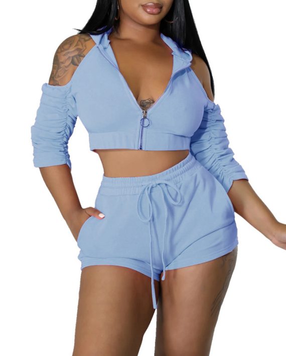 Women Casual Solid Off the Shoulder Half Sleeve Backless Two Pieces Short Sets