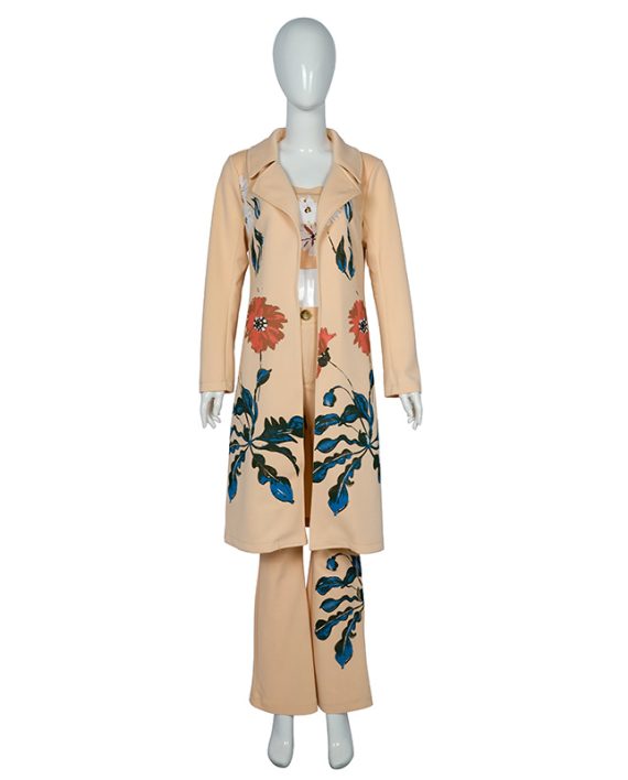 Fall Long Sleeves Stretch Printed Female Outfit Casual Overcoat With Pants