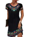 2022 New Round Neck Flower Print Black Mexican Dresses For Women