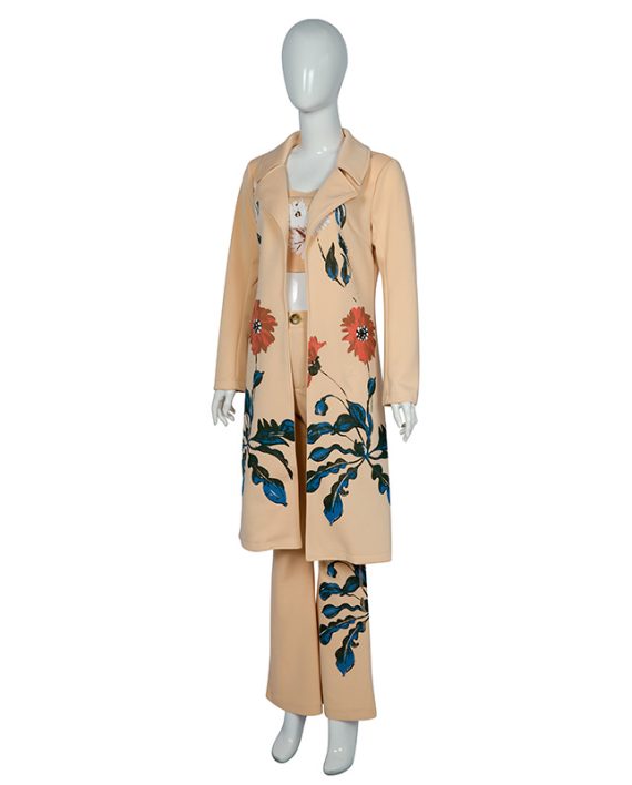 Fall Long Sleeves Stretch Printed Female Outfit Casual Overcoat With Pants