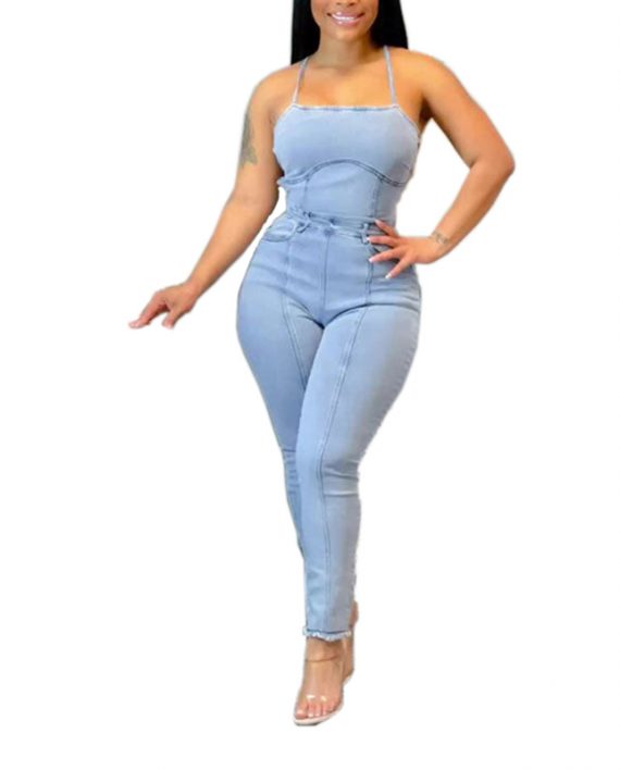 Light Blue Lace Up Backless Romper Jumpsuit
