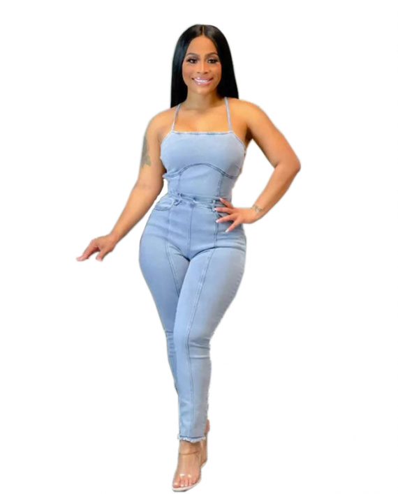 Light Blue Lace Up Backless Romper Jumpsuit
