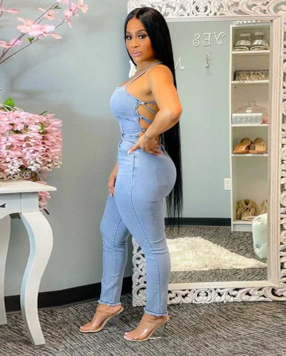 Light Blue Lace Up Backless Romper Jumpsuit