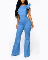 Jewel Neck Sleeveless Backless Denim Wide Summer One Piece Jumpsuit