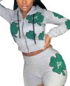 Casual Four-Leaf Clover Printed Zipper Hoodie Jackets With Shorts 2 Piece Set