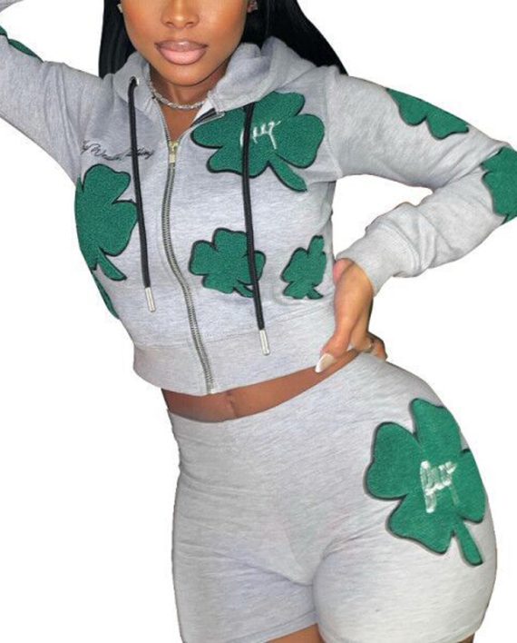 Casual Four-Leaf Clover Printed Zipper Hoodie Jackets With Shorts 2 Piece Set