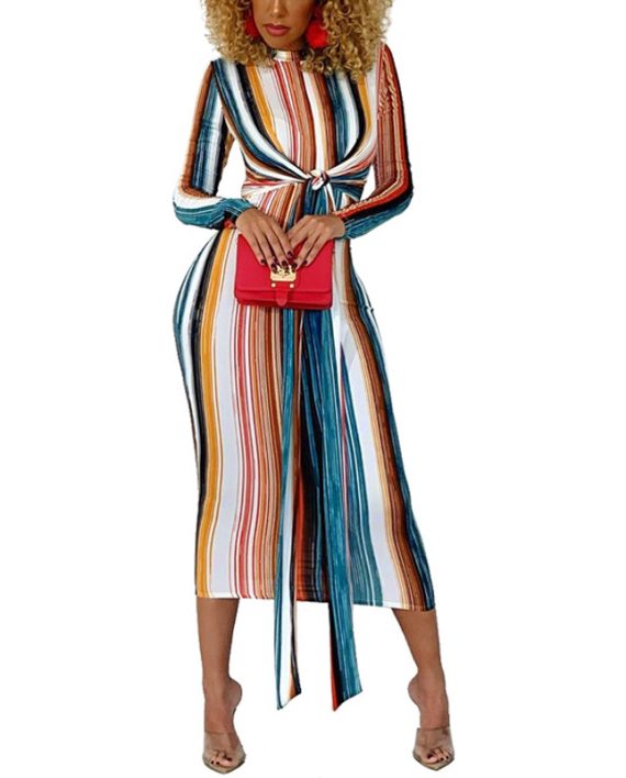 Women Summer Casual Polyester Long Sleeve Rainbow Maxi Dress
