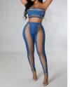 Fashion Denim Tube Top With High Waisted Pants Two Piece Set