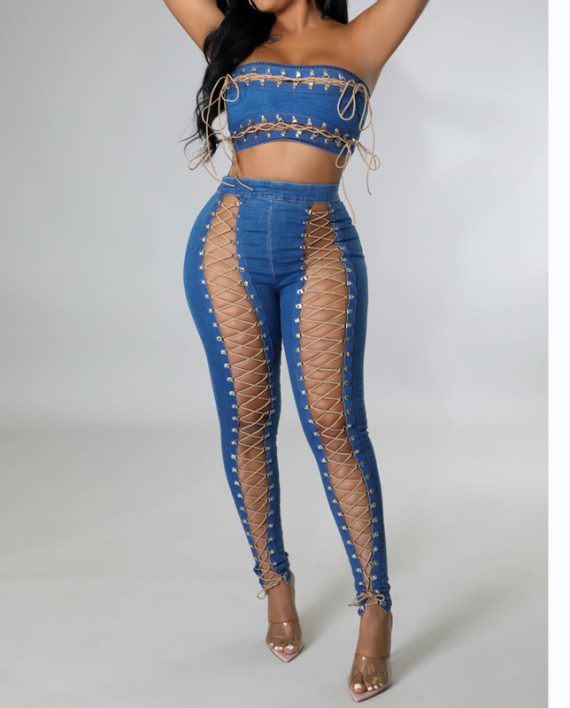 Fashion Denim Tube Top With High Waisted Pants Two Piece Set