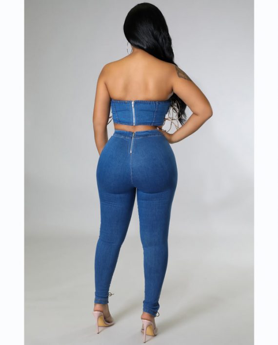 Fashion Denim Tube Top With High Waisted Pants Two Piece Set