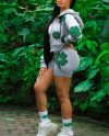 Casual Four-Leaf Clover Printed Zipper Hoodie Jackets With Shorts 2 Piece Set