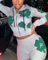 Casual Four-Leaf Clover Printed Zipper Hoodie Jackets With Shorts 2 Piece Set