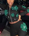 Casual Four-Leaf Clover Printed Zipper Hoodie Jackets With Shorts 2 Piece Set