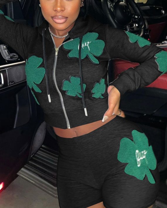 Casual Four-Leaf Clover Printed Zipper Hoodie Jackets With Shorts 2 Piece Set