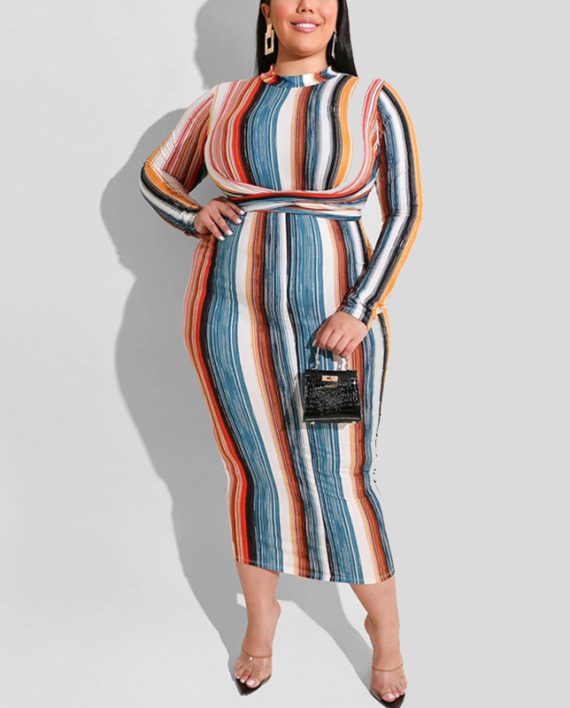Women Summer Casual Polyester Long Sleeve Rainbow Maxi Dress
