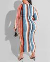 Women Summer Casual Polyester Long Sleeve Rainbow Maxi Dress