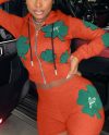 Casual Four-Leaf Clover Printed Zipper Hoodie Jackets With Shorts 2 Piece Set