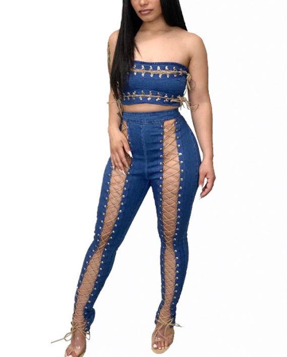 Fashion Denim Tube Top With High Waisted Pants Two Piece Set