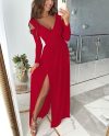 Solid Color Long Sleeve V-Neck Hem Slit Maxi Dress