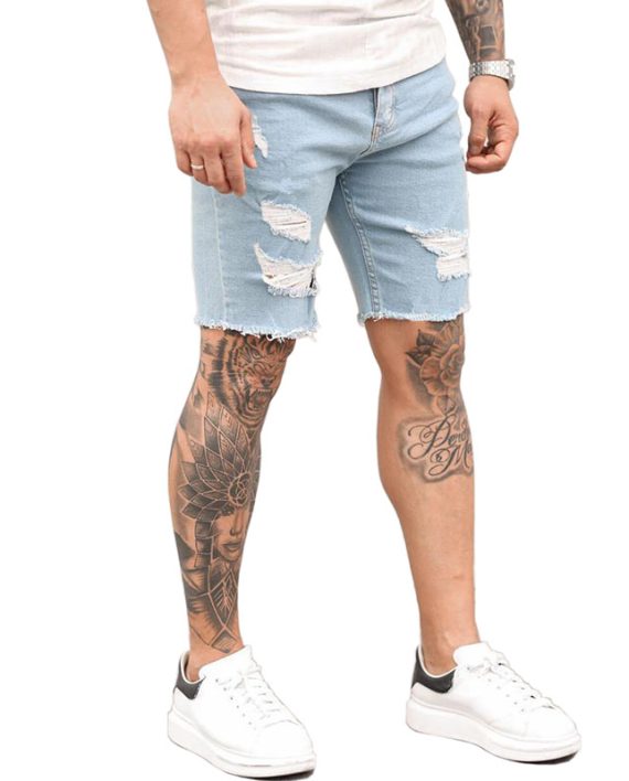 Men Ripped Raw Hem Denim Pants Solid Color Fashion Jean Shorts