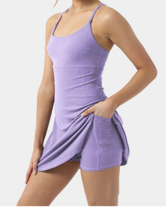 Solid Color Sling Activity Dress And Yoga Shorts Set