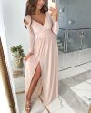 Solid Color Long Sleeve V-Neck Hem Slit Maxi Dress
