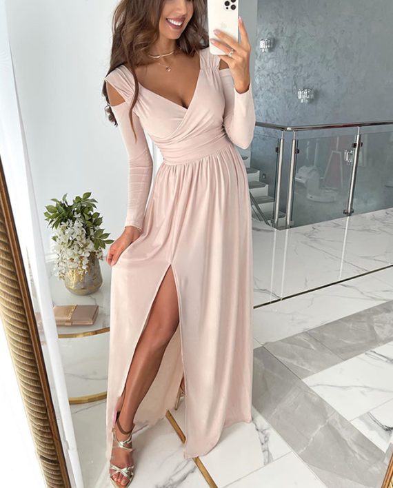Solid Color Long Sleeve V-Neck Hem Slit Maxi Dress