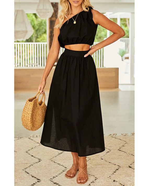 Ladies One Shoulder Two Piece Solid Color Dress
