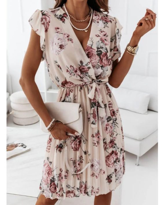 Short Sleeves V-Neck Floral Printed Polyester Knee Length Summer Beach Dress