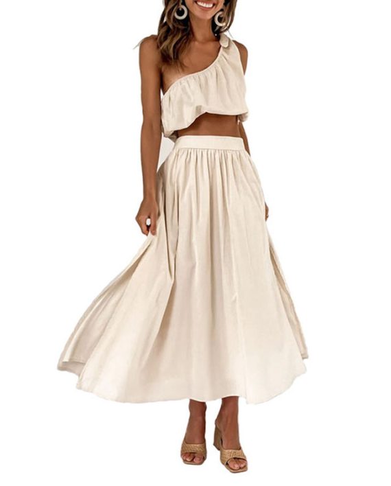 Ladies One Shoulder Two Piece Solid Color Dress