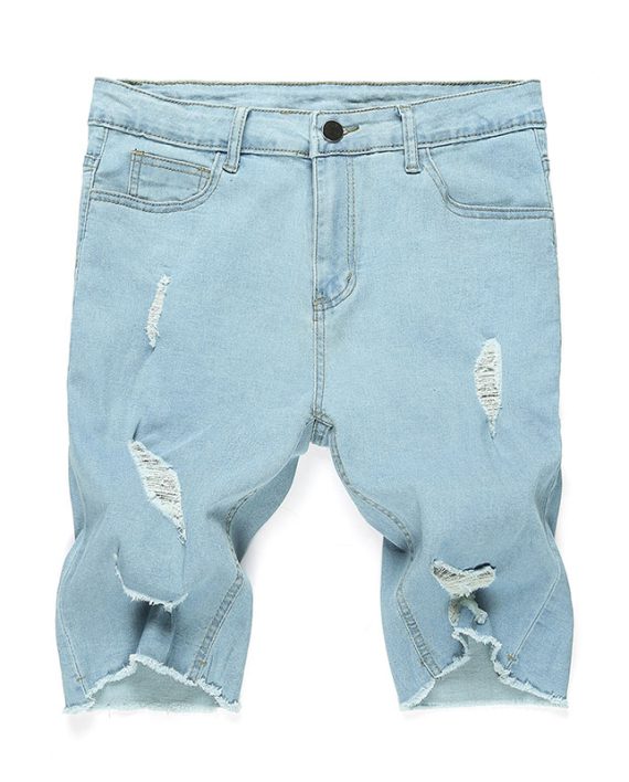 Men Ripped Raw Hem Denim Pants Solid Color Fashion Jean Shorts