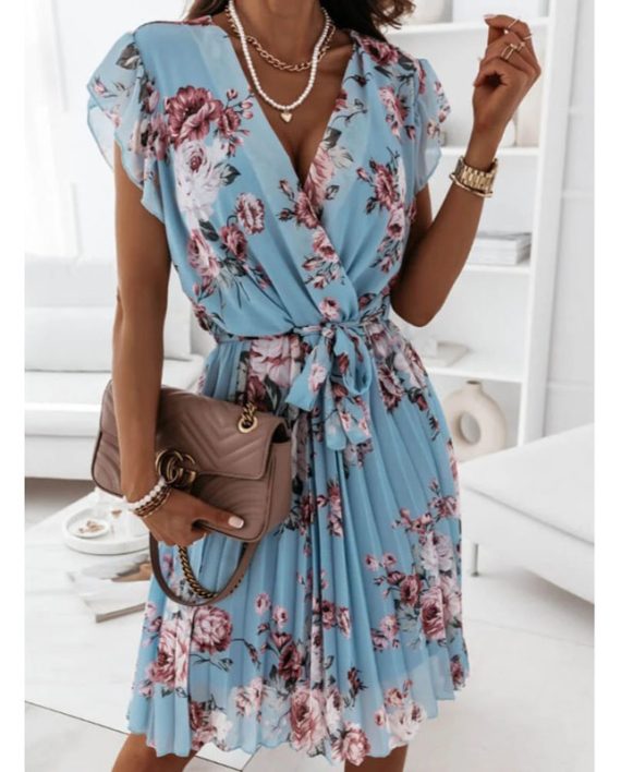 Short Sleeves V-Neck Floral Printed Polyester Knee Length Summer Beach Dress