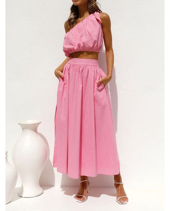 Ladies One Shoulder Two Piece Solid Color Dress