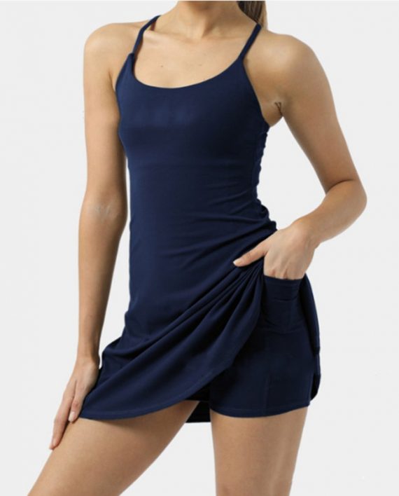 Solid Color Sling Activity Dress And Yoga Shorts Set