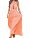 Women Orange Elegant Halter Accordion Maxi Dress