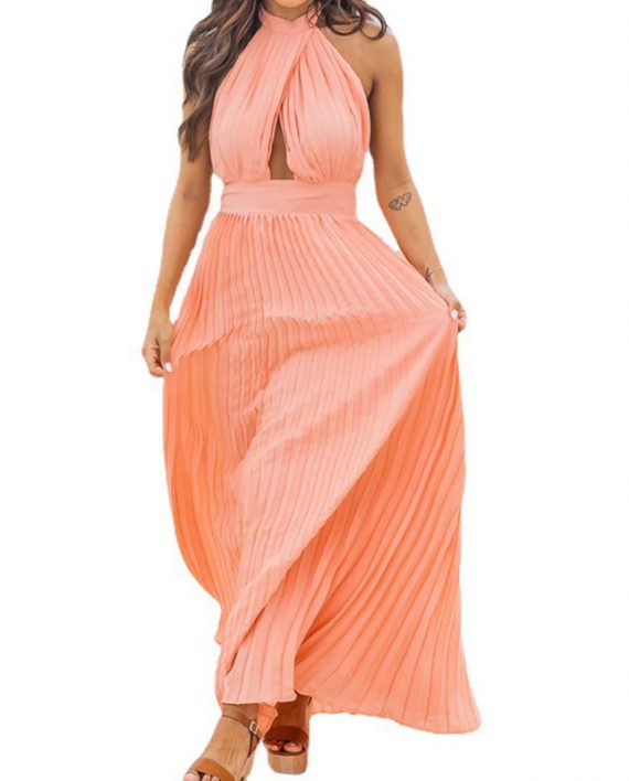 Women Orange Elegant Halter Accordion Maxi Dress
