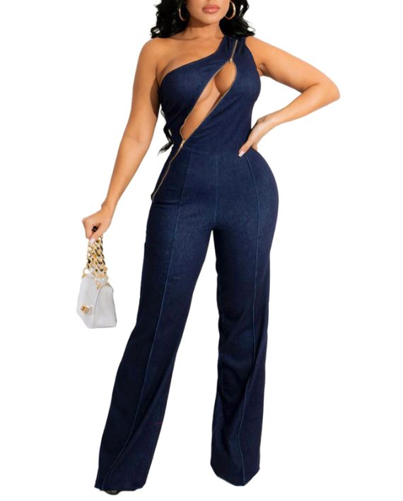 Women Denim Plus Size Wide Leg Zipper Jumpsuit