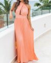 Women Orange Elegant Halter Accordion Maxi Dress