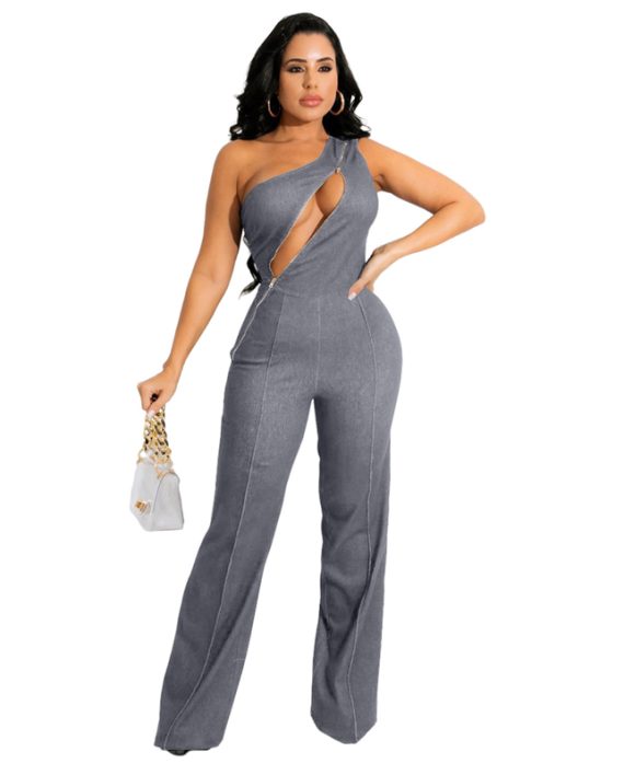 Women Denim Plus Size Wide Leg Zipper Jumpsuit