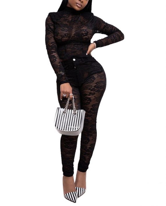 Black Lace Turtleneck Perspective Two Piece Set