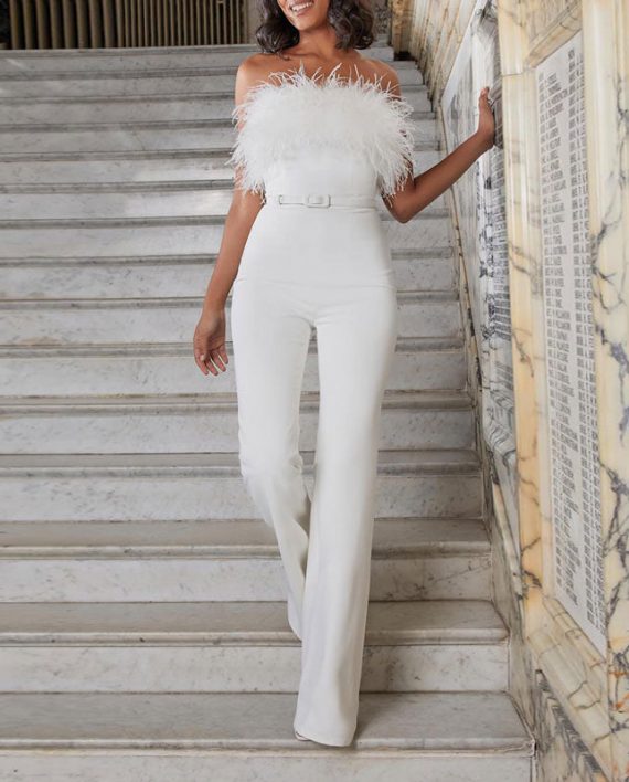 White Formal Elegant Feather Tube Top Tight Jumpsuit