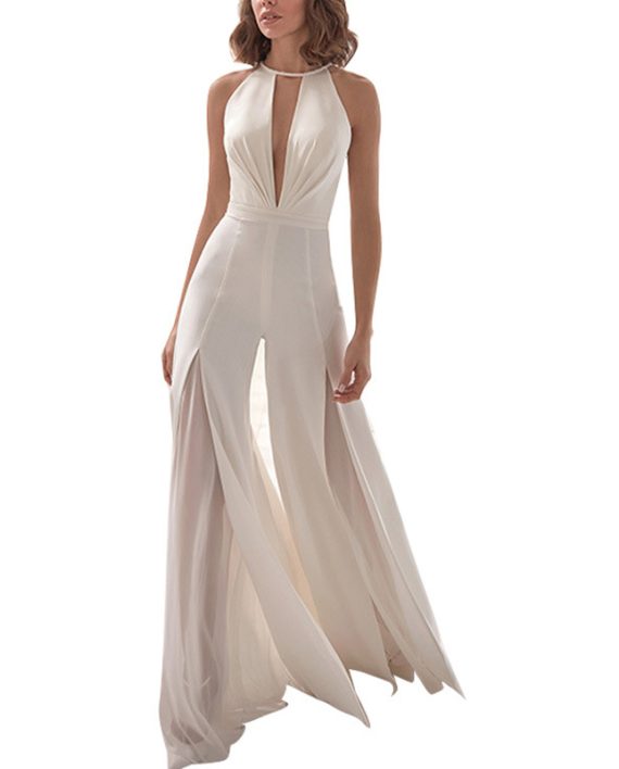 White Summer Trendy Party V-Neck Sleeveless Jumpsuit