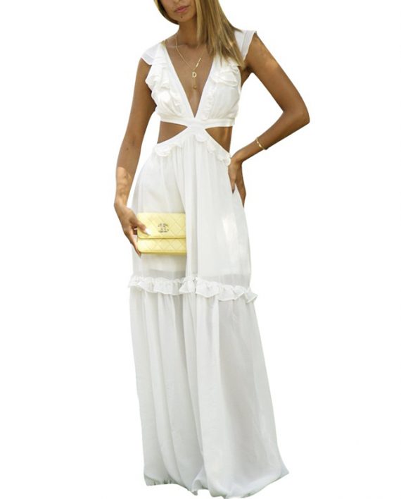White V-Neck Summer Ruffled Cutout Maxi Dress