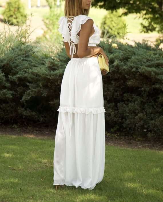 White V-Neck Summer Ruffled Cutout Maxi Dress