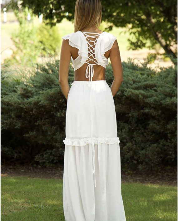 White V-Neck Summer Ruffled Cutout Maxi Dress