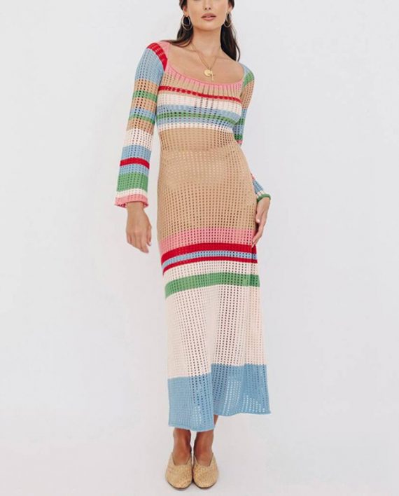 Women’s Crew Neck Multi Color Crochet Maxi Dress