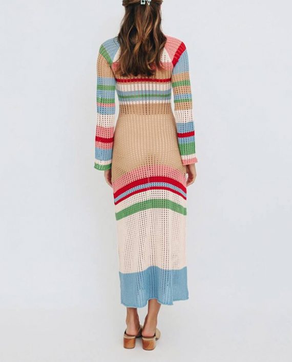 Women’s Crew Neck Multi Color Crochet Maxi Dress