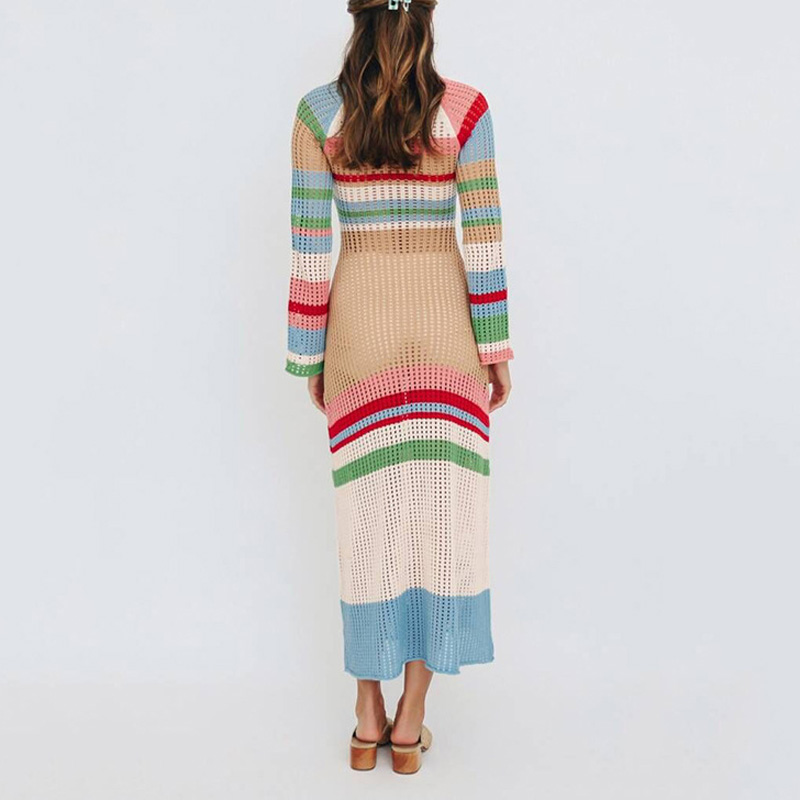 GREEN MULTI LONG SLEEVE CROCHET RIPPLE KNIT DRESS 40 main image 0