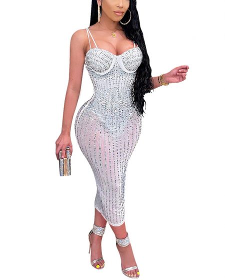 White Rhinestone Sleeveless See Through Party Midi Dress
