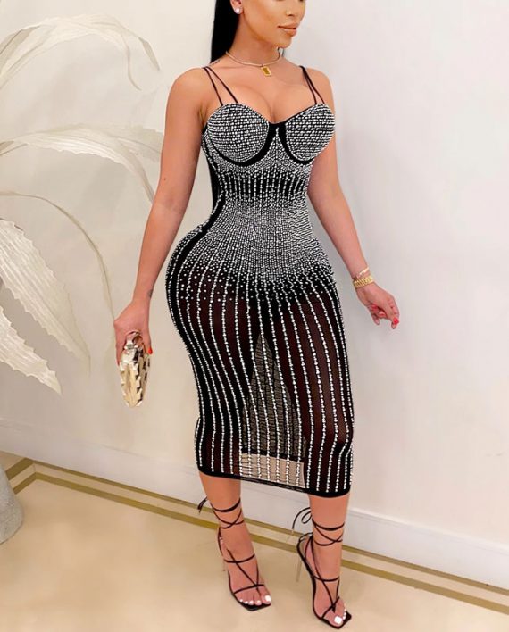 White Rhinestone Sleeveless See Through Party Midi Dress